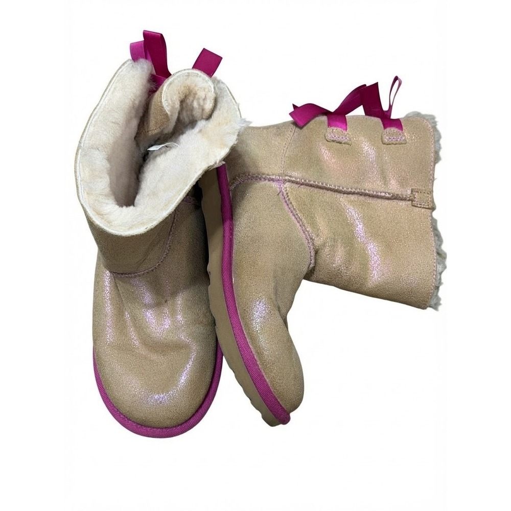 Uggs Womens Girls 5 Mid Calf Brown Pink Ribbon Warm Winter Preppy EUC